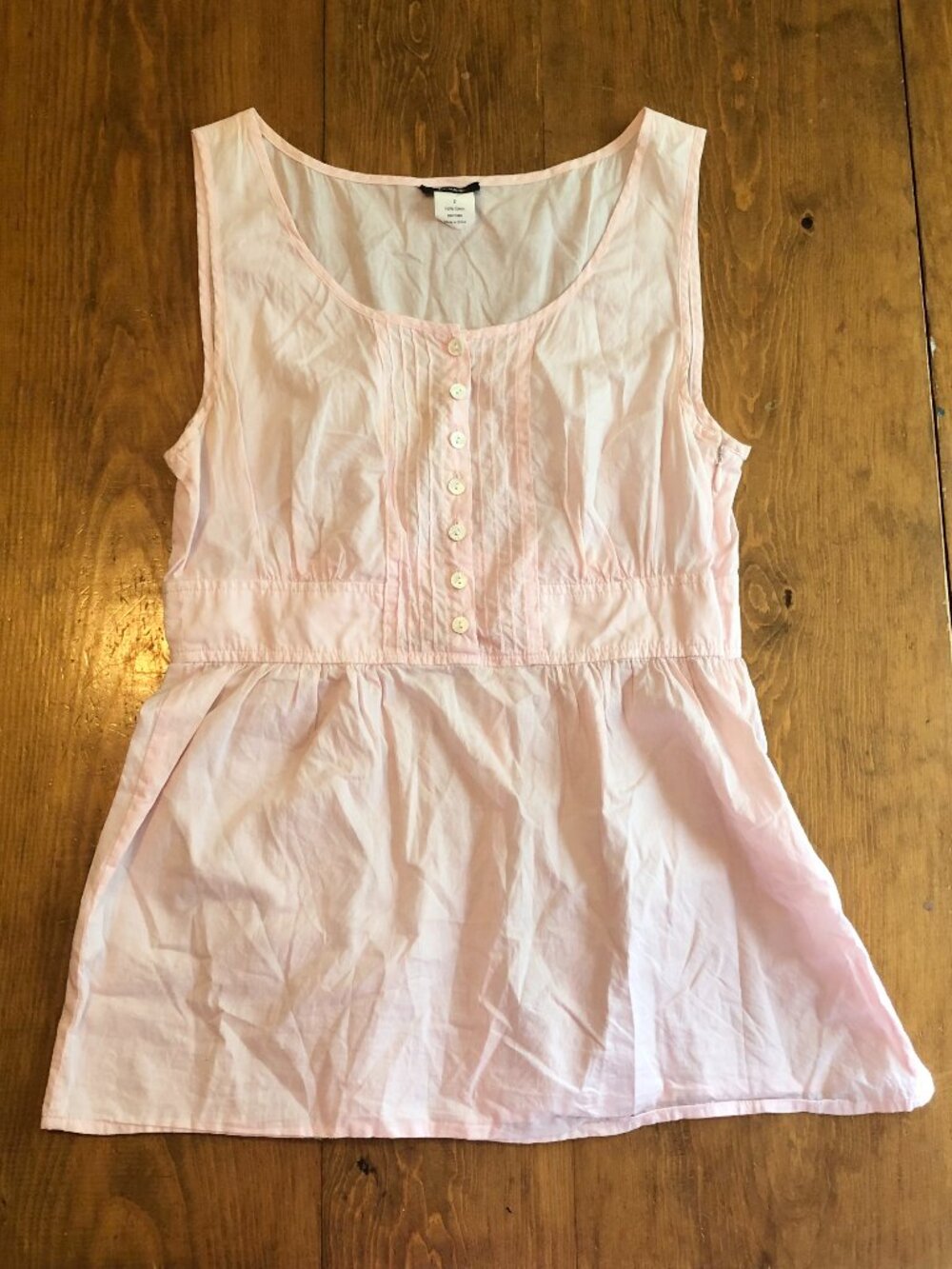 Pink Sheer Cotton Babydoll Tank Top Sleeveless Pintuck Button Front Size Small
